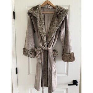 Pottery Barn Women’s Size S Gray Fleece Hooded Robe Faux Fur Trim Belted Tie